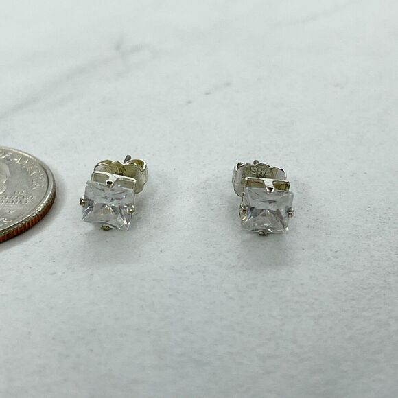SHA Signed Silver Tone Clear Square Rhinestone Earrings Pierced Pair - Picture 2 of 9
